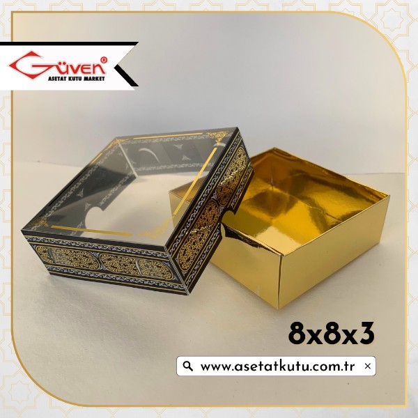 [Desen #1] 8x8x3 Altı Gold Metalize Karton, Üstü Kabe Temalı Asetat Kutu