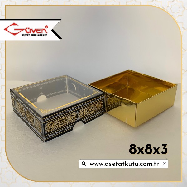 [Desen #1] 8x8x3 Altı Gold Metalize Karton, Üstü Kabe Temalı Asetat Kutu
