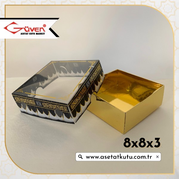 [Desen #3] 8x8x3 Altı Gold Metalize Karton, Üstü Kabe Temalı Asetat Kutu