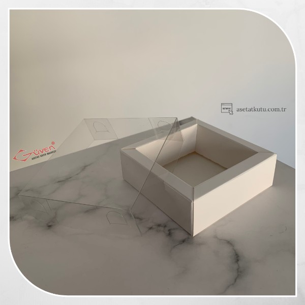 [Duvarlı Kutu] 9x9x3 Altı Beyaz Karton Üstü Asetat Kutu