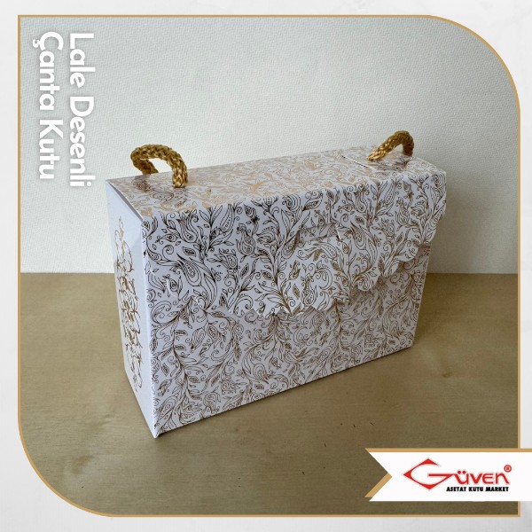 [İp Saplı] 8x12x4.5 Lale Desenli Çanta Kutu