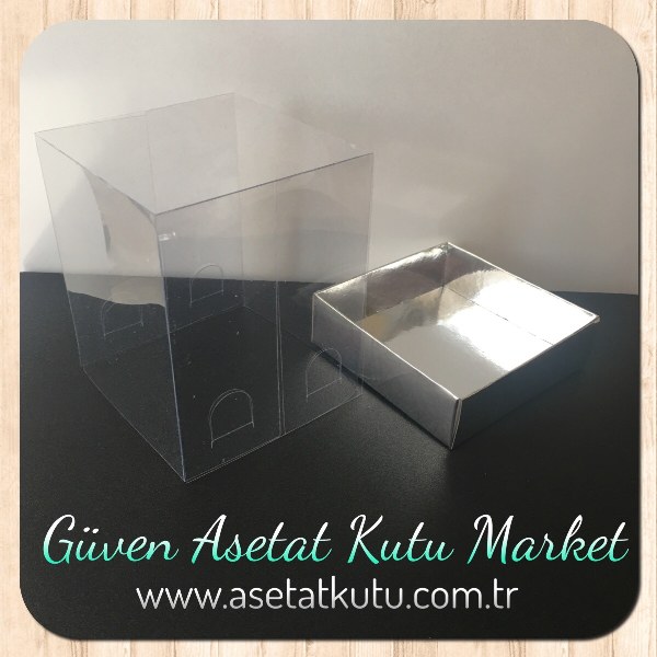 10x10x12 Altı Gümüş Metalize Karton Üstü Asetat Kutu