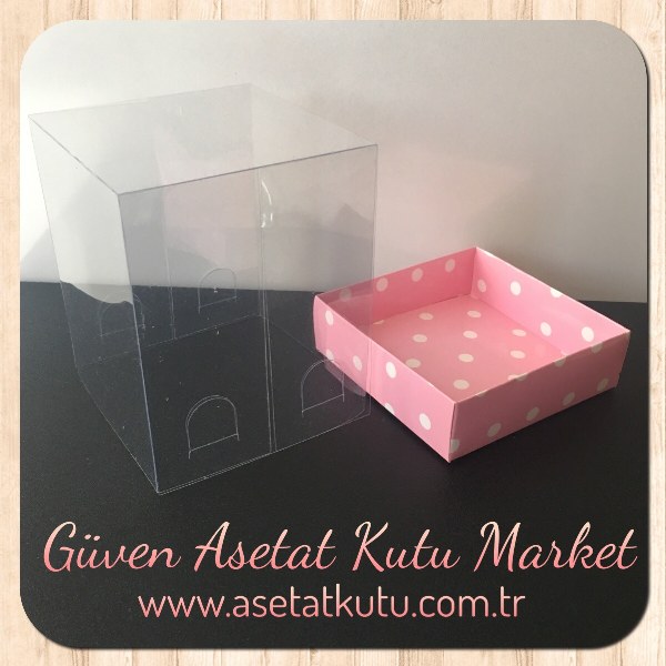 10x10x12 Altı Pembe Zemin Beyaz Puantiyeli Karton, Üstü Asetat Kutu