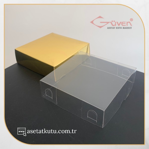 10x10x3 Altı Gold Metalize Karton Üstü Asetat Kutu