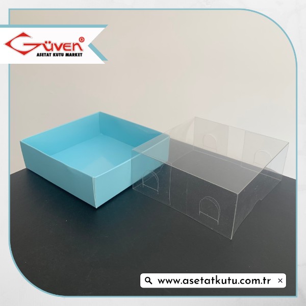 10x10x4 Altı Mavi Karton Üstü Asetat Kutu
