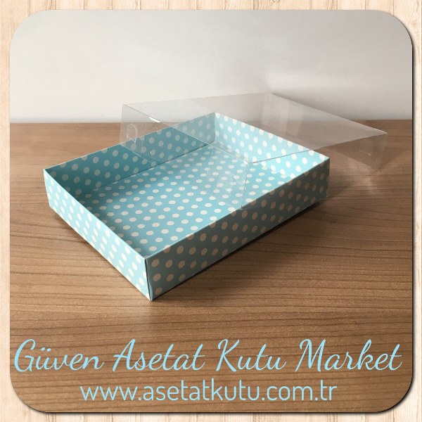 12x15x3 Altı Mavi Zemin Beyaz Puantiyeli Karton Üstü Asetat Kutu