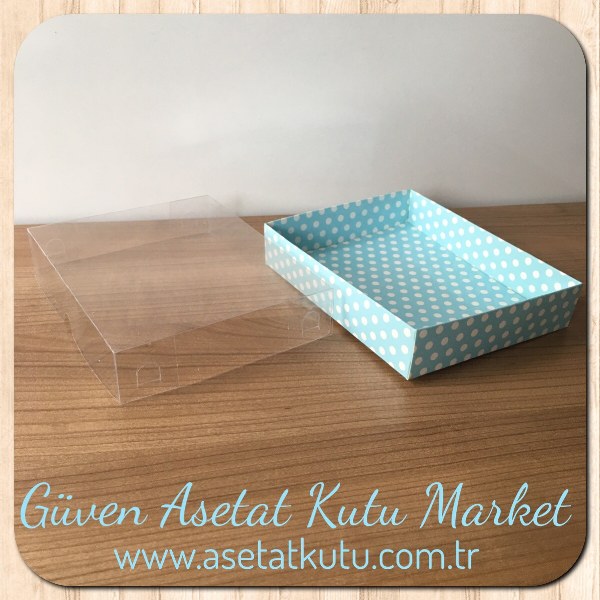 12x15x3 Altı Mavi Zemin Beyaz Puantiyeli Karton Üstü Asetat Kutu