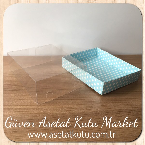 12x15x5 Altı Mavi Zemin Beyaz Puantiyeli Karton Üstü Asetat Kutu