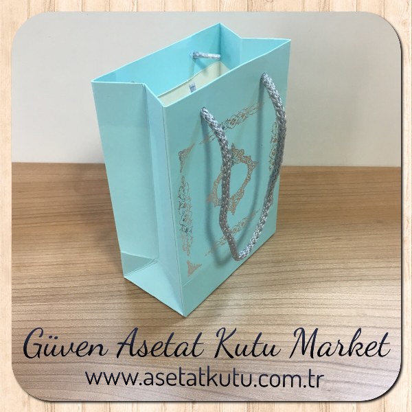 12x17x7 Ölçülü Mavi Üzerine Gümüş Saray Desenli Karton Çanta