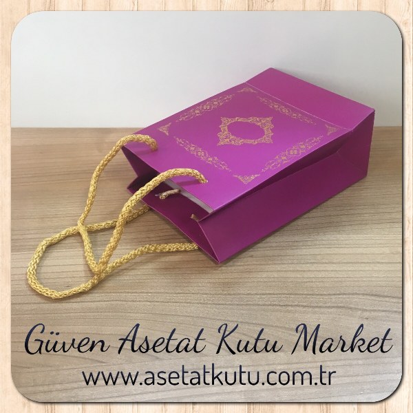 12x17x7 Ölçülü Mor Üzerine Gold Saray Desenli Karton Çanta