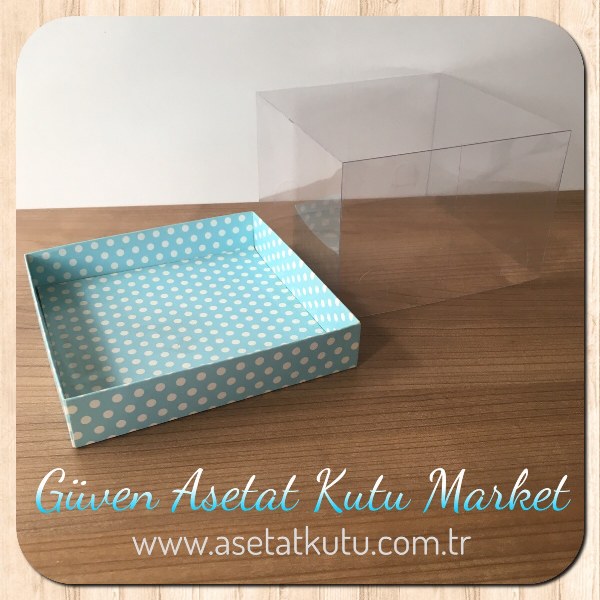 15x15x10 Altı Mavi Puantiyeli Karton Üstü Asetat Kutu