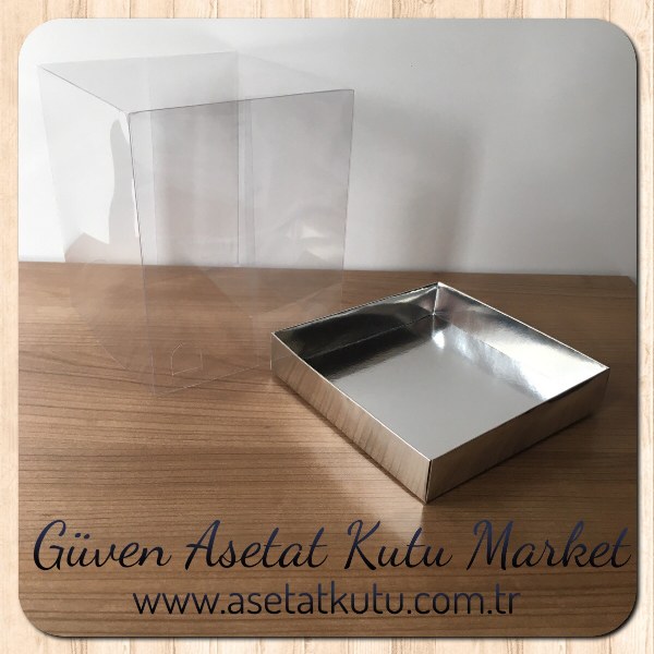 15x15x17.5 Altı Gümüş Metalize Karton Üstü Asetat Kutu