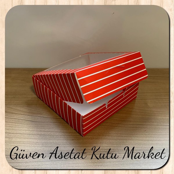15x15x5 Kırmızı Beyaz Çizgili, Pencereli Karton Kutu