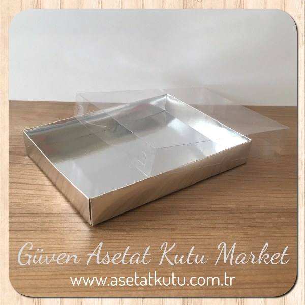15x20x3 Altı Gümüş Metalize Karton Üstü Asetat Kutu