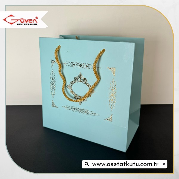 20x20x10 Mavi Üzerine Gold Saray Desenli Karton Çanta