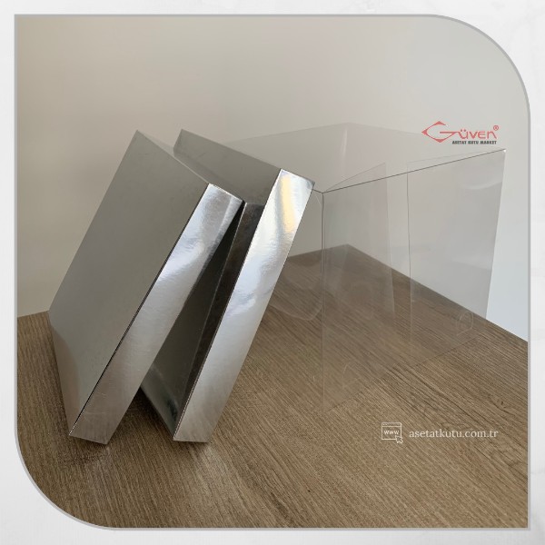 20x20x17.5 Asetat, Çift Taraflı Gümüş Karton Kutu