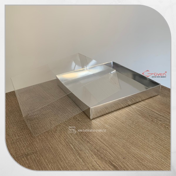 20x20x5 Altı Gümüş Metalize Karton Üstü Asetat Kutu