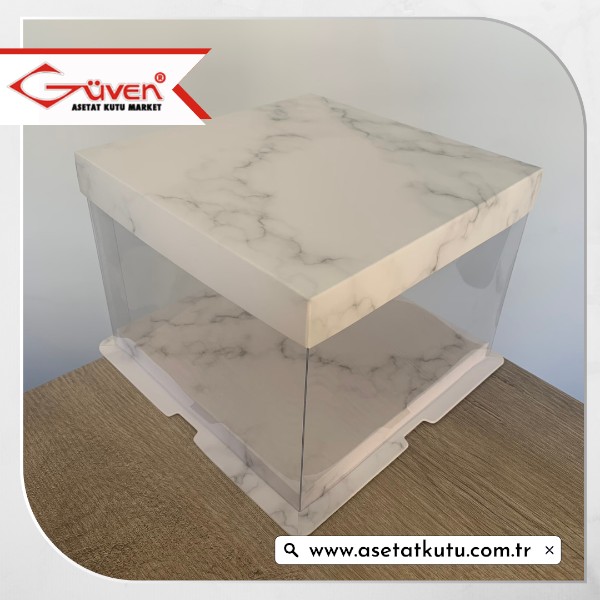 21.5x21.5x16 Beyaz Mermer Desenli Karton ve Asetat Kutu (HM43)