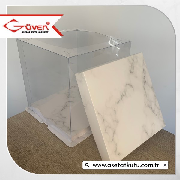 21.5x21.5x24 Beyaz Mermer Desenli Karton ve Asetat Kutu (HM44)