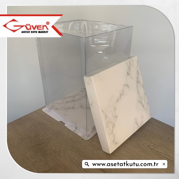 21.5x21.5x30 Beyaz Mermer Desenli Karton ve Asetat Kutu (HM45)