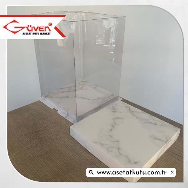 21.5x21.5x30 Beyaz Mermer Desenli Karton ve Asetat Kutu (HM45)