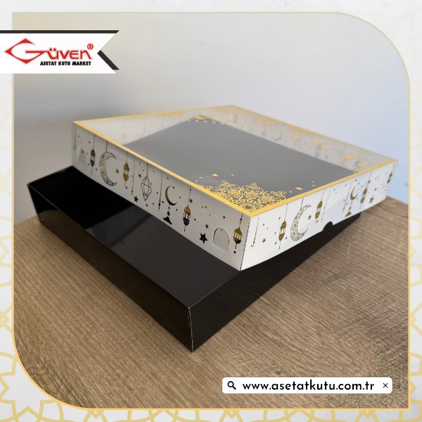 25x25x5 Beyaz Yaldız Baskılı, Siyah Tabanlı Kutu