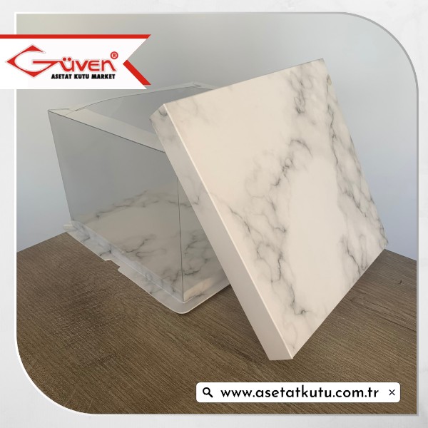 26x26x18 Beyaz Mermer Desenli Karton ve Asetat Kutu (HM46)