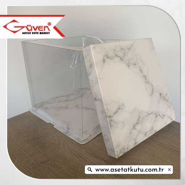 26x26x24 Beyaz Mermer Desenli Karton ve Asetat Kutu (HM47)