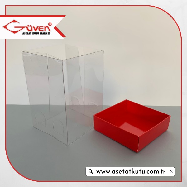 7x7x10 Altı Kırmızı Karton Üstü Asetat Kutu