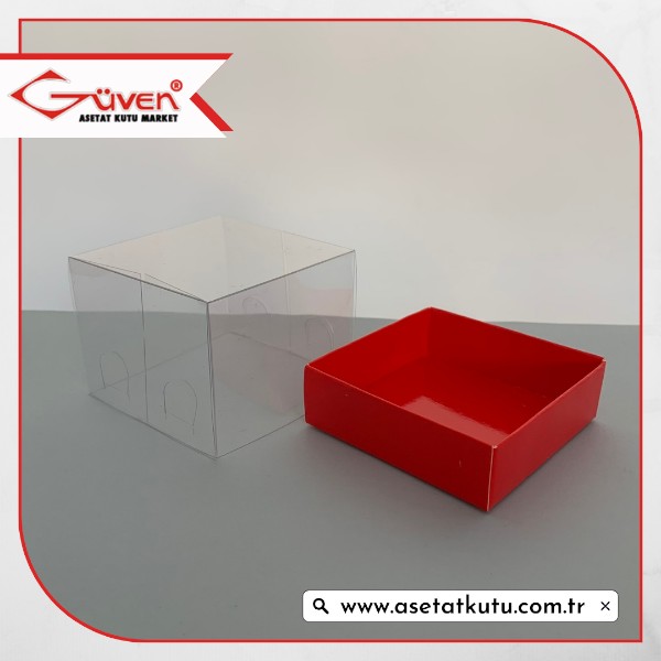 7x7x5 Altı Kırmızı Karton Üstü Asetat Kutu