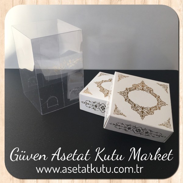 8x8x12 Asetat, Çift Taraflı Beyaz Üzerine Gold Saray Desenli Kutu