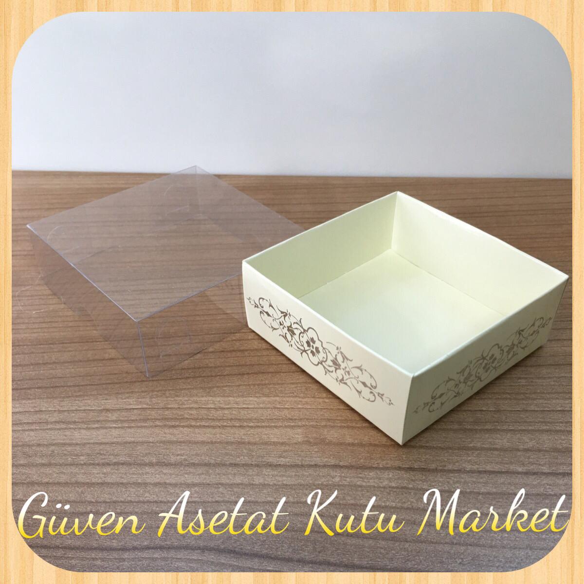 8x8x3 Altı Krem Üzerine Gümüş Saray Desenli Karton, Üstü Asetat Kutu