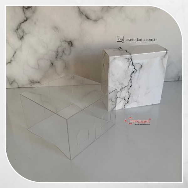 8x8x5 Altı Beyaz Mermer Desenli Karton Üstü Asetat Kutu