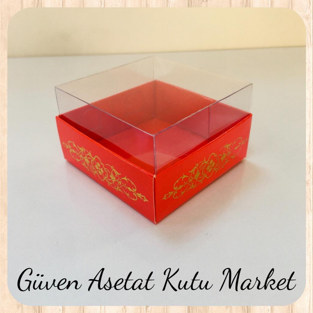 8x8x5 Altı Kırmızı Üzerine Gold Saray Desenli Karton, Üstü Asetat Kutu