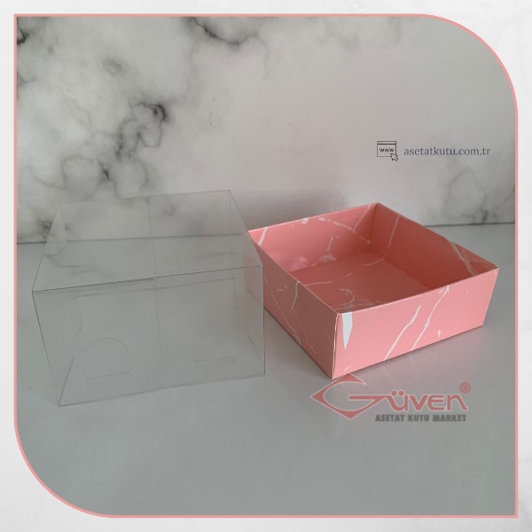8x8x5 Altı Pembe Mermer Desenli Karton Üstü Asetat Kutu