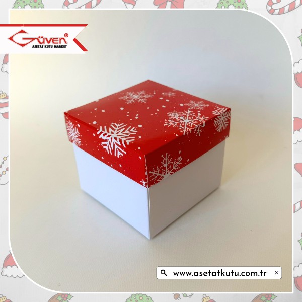 8x8x6.5 Tabanı Beyaz, Kapağı Kar Taneli Karton Kutu